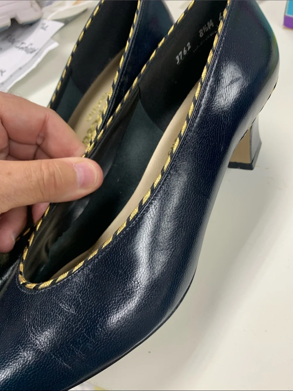 Black Pointed Leather Flats with Gold Braid Trim